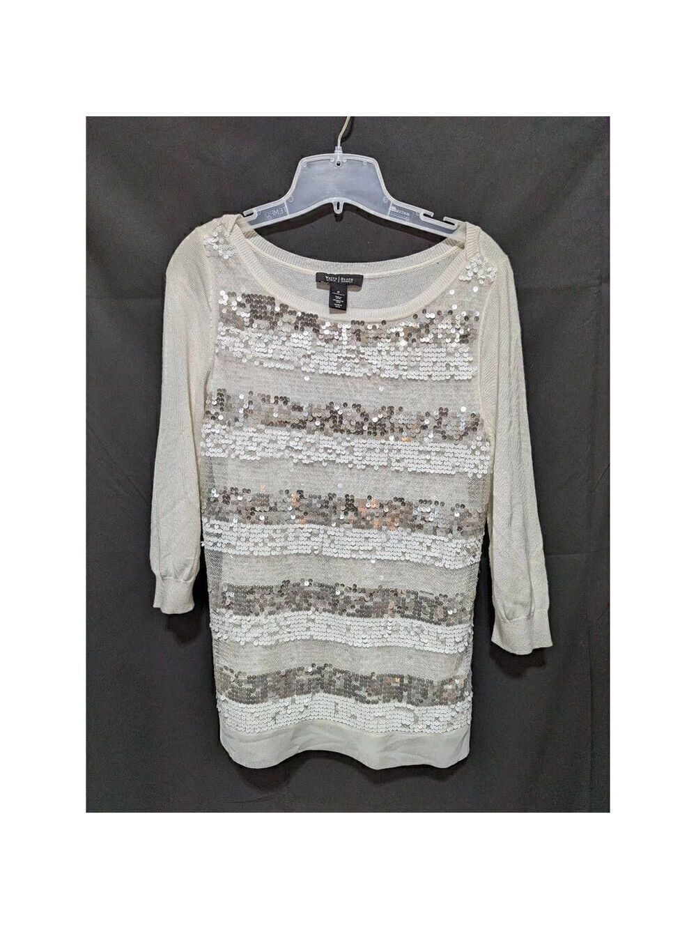White House Black Market Women's White Sequin Trim Striped Boat Neck Sweater Siz